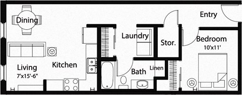 Floor plan for 1 bed, 1 bath, 626 sqft